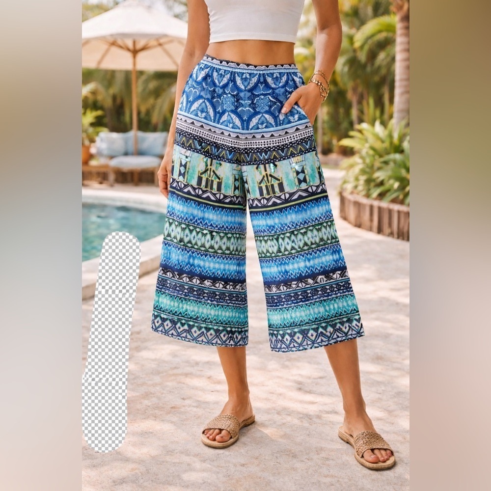One World Live and Let Live Womens Pant Sz Small Blue Boho Wide Leg Crop Beach